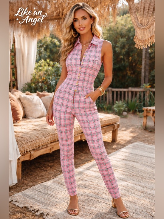 like an angel Pants - Like an Angel,Pink Plaid Sleeveless,Belt Loops,Jumpsuit,Button-Front,EUC,Size M